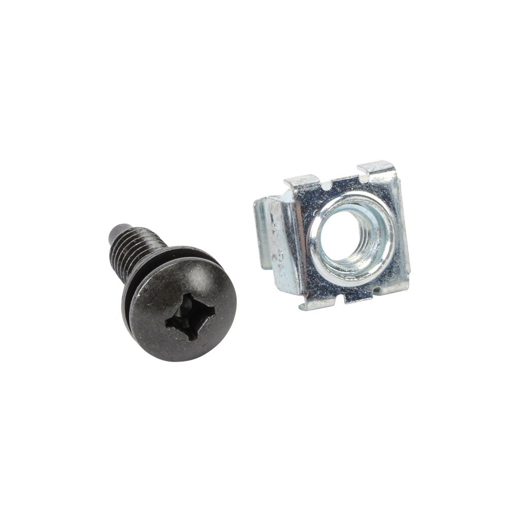 CAGKITM6-100 - Hammond rack mounting screw, M6, #2 Robertson/#2 Phillips quadrex truss head, carbon steel, black oxide finish. Package of 100. Black nylon washer and zinc-plated square-hole cage nut included.