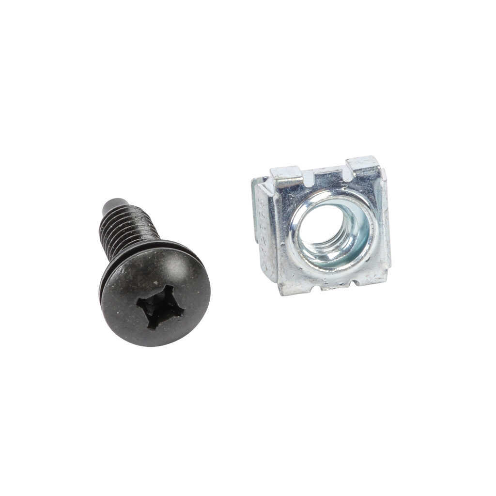 CAGKITM6-50 - Hammond rack mounting screw, M6, #2 Robertson/#2 Phillips quadrex truss head, carbon steel, black oxide finish. Package of 50. Black nylon washer and zinc-plated square-hole cage nut included.