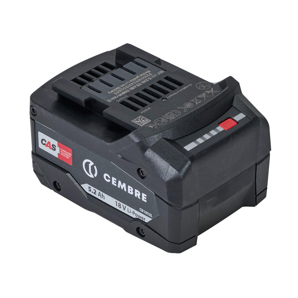 CB1852L - Cembre battery, replacement, 18 VDC, 5.2 Ah capacity. For use with Cembre B-FL750NDA hydraulic punching tool.