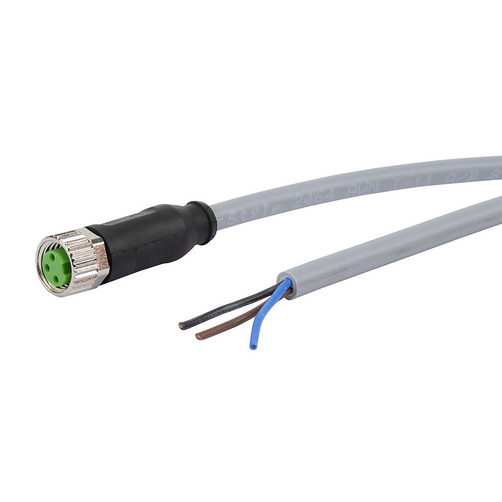 CD08-0A-020-A1 - AutomationDirect connection cable, M8 axial female to pigtail, 3-pole, PVC jacket, gray, 6.5ft/2m cable length, IP67, sensor & signal.