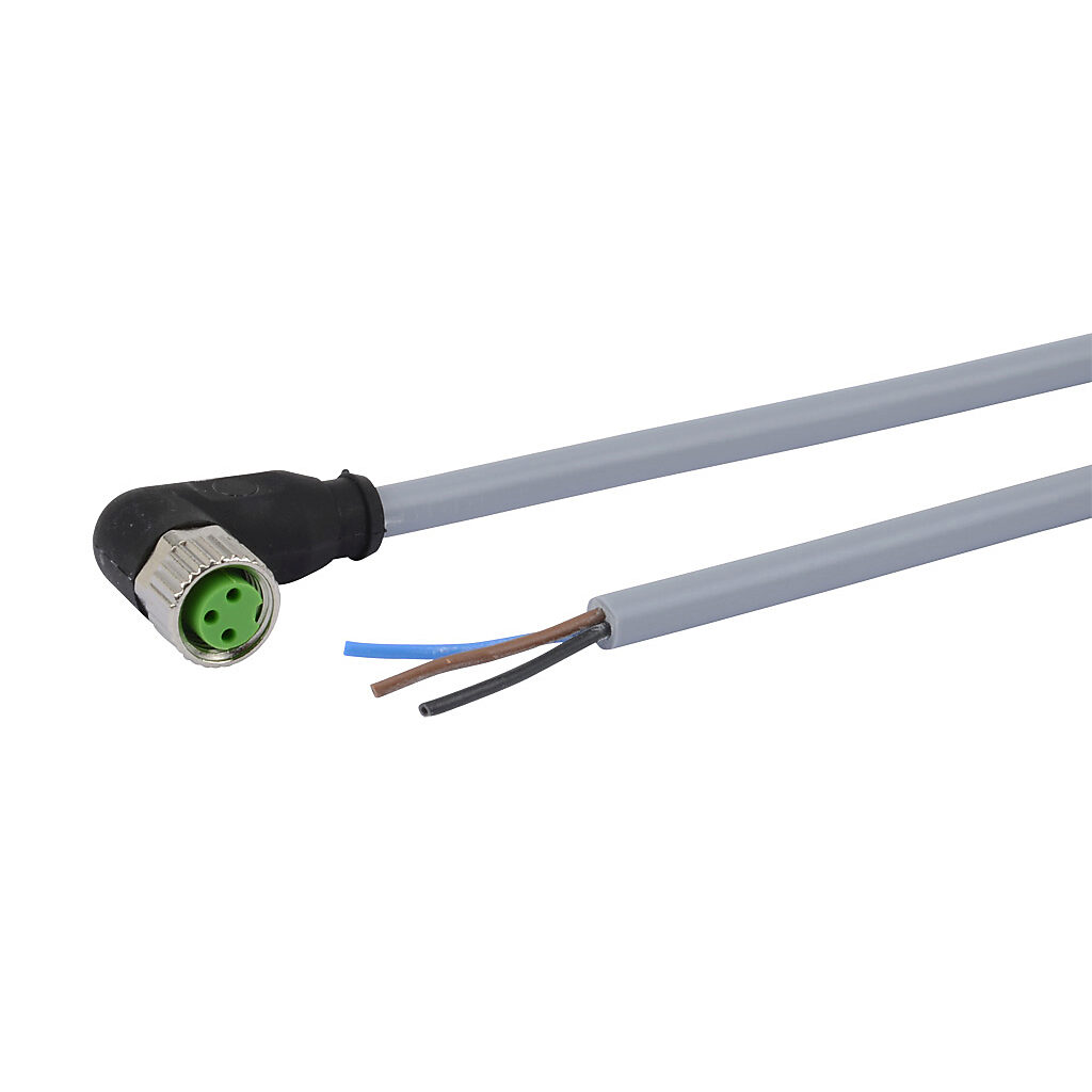 CD08-0A-020-C1 - AutomationDirect connection cable, M8 right-angle female to pigtail, 3-pole, PVC jacket, gray, 6.5ft/2m cable length, IP67, sensor & signal.
