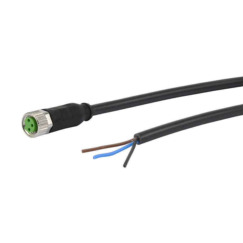 CD08-0A-050-A1 - AutomationDirect connection cable, M8 axial female to pigtail, 3-pole, PVC jacket, black, 16.4ft/5m cable length, IP67, sensor & signal.