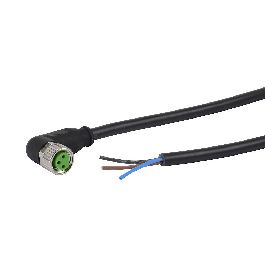 CD08-0A-050-C1 - AutomationDirect connection cable, M8 right-angle female to pigtail, 3-pole, PVC jacket, black, 16.4ft/5m cable length, IP67, sensor & signal.