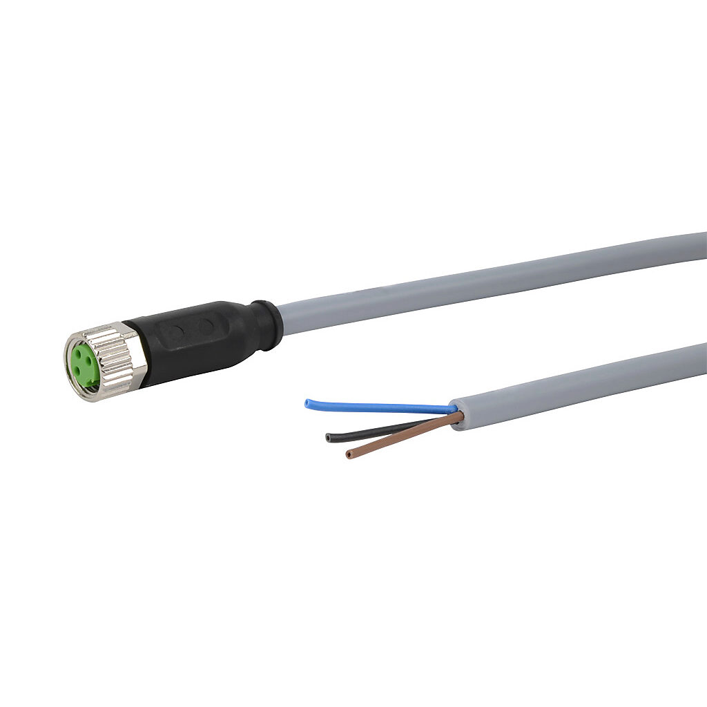 CD08-0A-070-A1 - AutomationDirect connection cable, M8 axial female to pigtail, 3-pole, PVC jacket, gray, 22.9ft/7m cable length, IP67, sensor & signal.