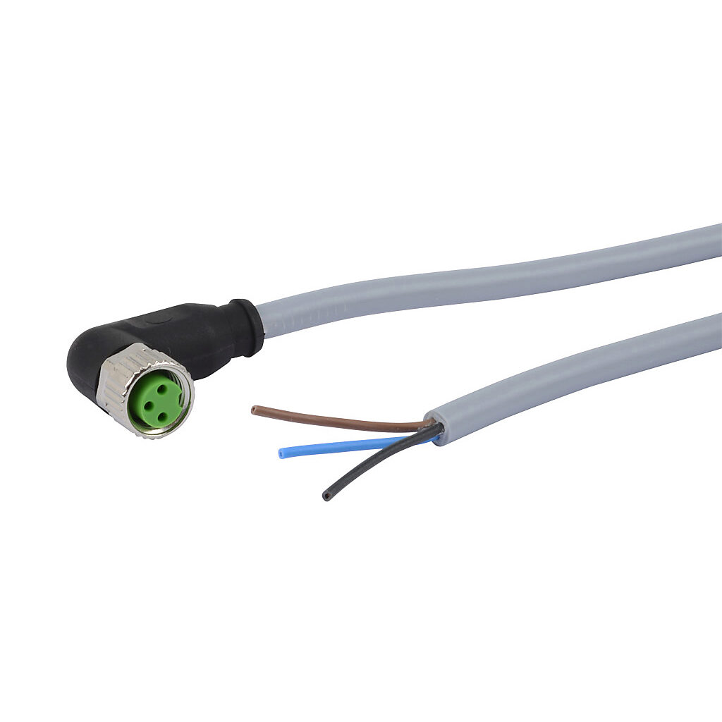 CD08-0A-070-C1 - AutomationDirect connection cable, M8 right-angle female to pigtail, 3-pole, PVC jacket, gray, 22.9ft/7m cable length, IP67, sensor & signal.
