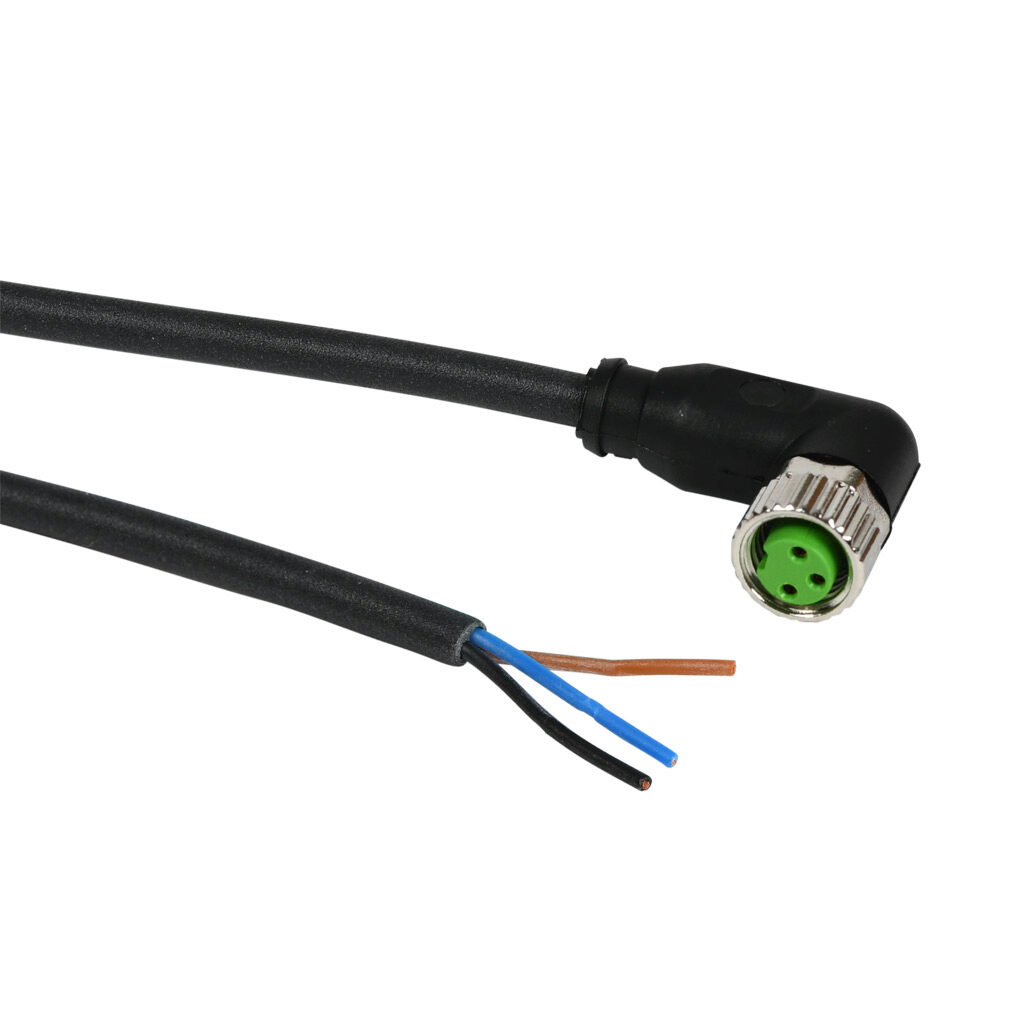 CD08-0C-050-C1-A - AutomationDirect connection cable, M8 right-angle female to pigtail, 3-pole, PUR jacket, black, 16.4ft/5m cable length, IP67, sensor & signal.