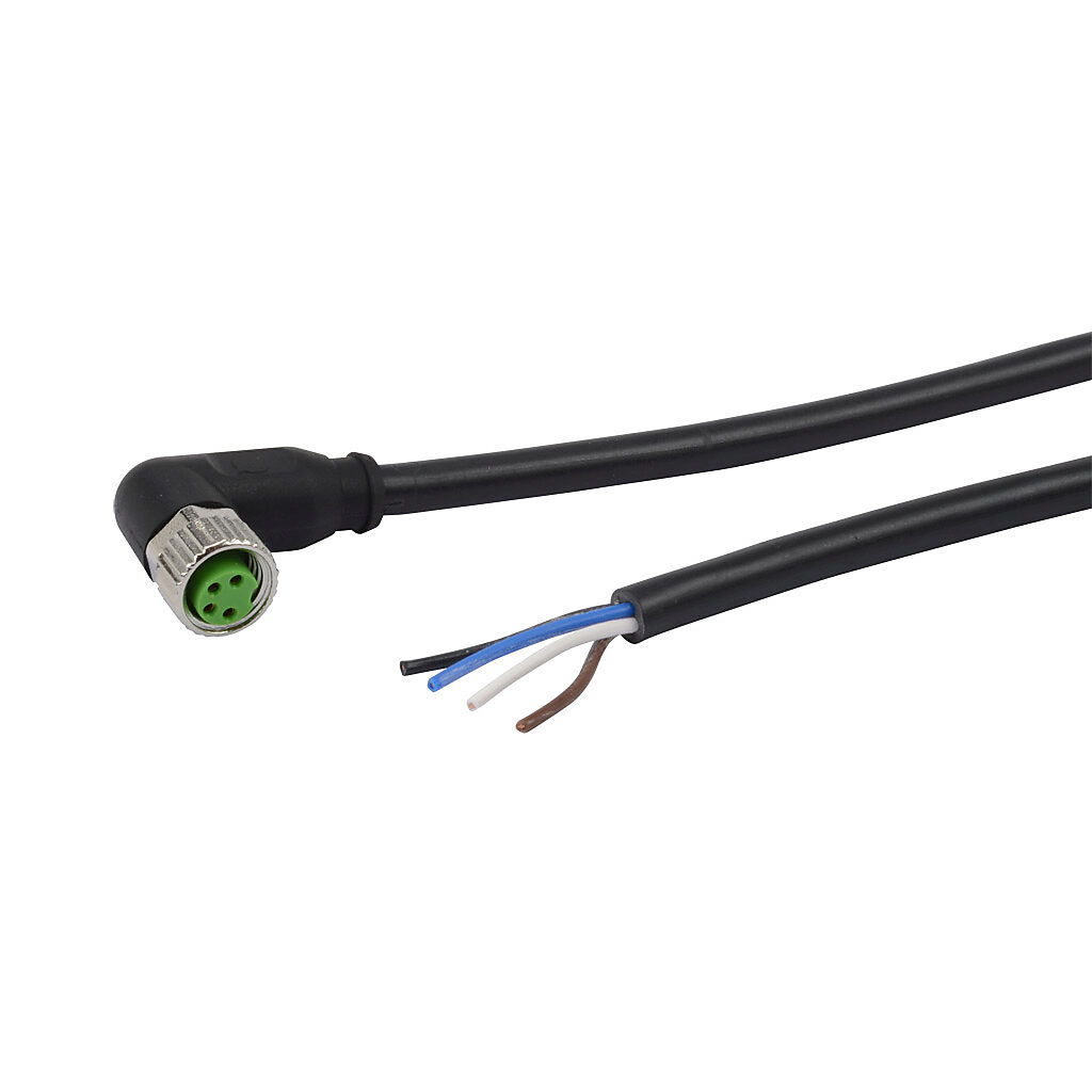 CD08-0W-020-C1 - AutomationDirect connection cable, M8 right-angle female to pigtail, 4-pole, PVC jacket, black, 6.5ft/2m cable length, IP67, sensor & signal.