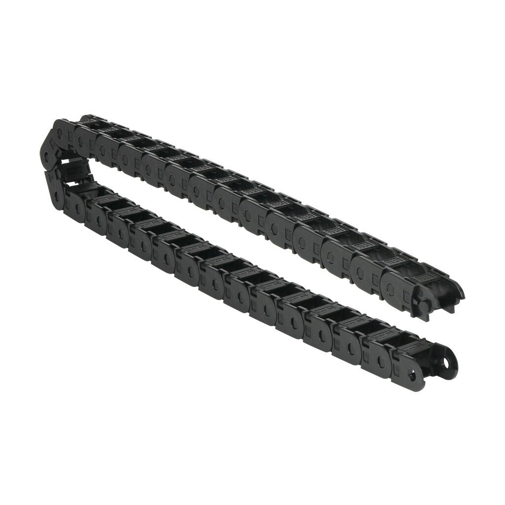 CDC-0.7X0.7R1.1N - Murrplastik MP18 cable drag chain, 0.71in inside height, 0.71in inside width, 1.1in bend radius, inside opening, 1.3in pitch, 3.2ft/1m length, black. Requires CDC-KAZ-0.7X0.7 bracket for mounting.