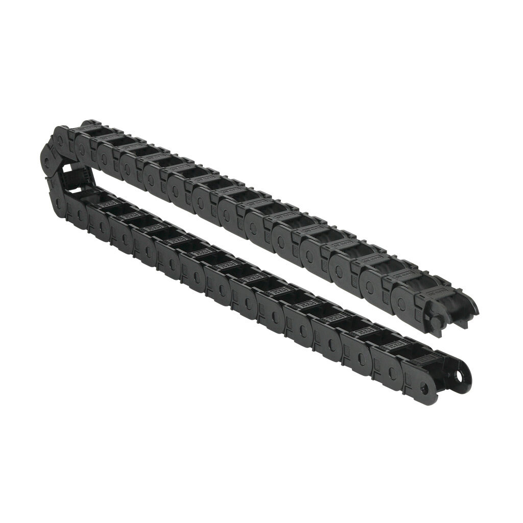 CDC-0.7X0.7R1.1T - Murrplastik MP18 cable drag chain, 0.71in inside height, 0.71in inside width, 1.1in bend radius, outside opening, 1.3in pitch, 3.2ft/1m length, black. Requires CDC-KAZ-0.7X0.7 bracket for mounting.