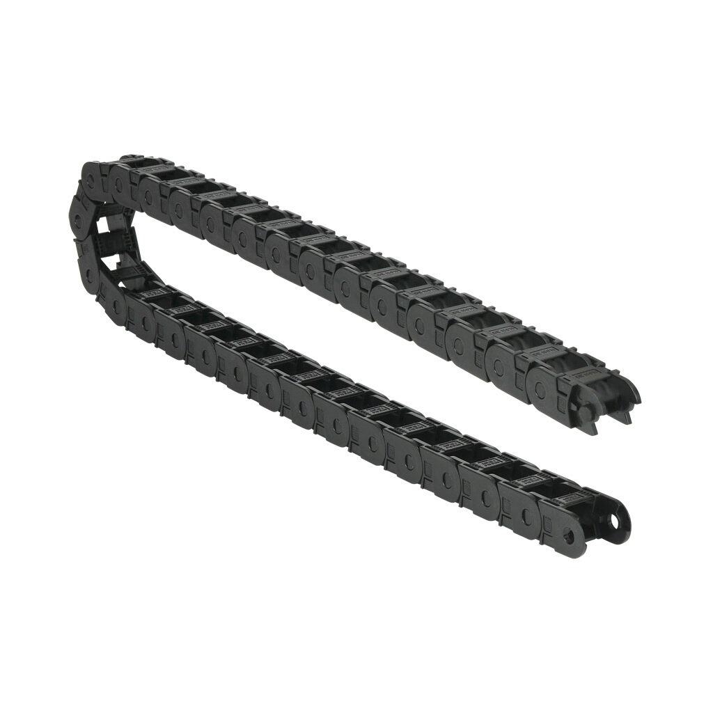 CDC-0.7X0.7R1.5T - Murrplastik MP18 cable drag chain, 0.71in inside height, 0.71in inside width, 1.5in bend radius, outside opening, 1.3in pitch, 3.2ft/1m length, black. Requires CDC-KAZ-0.7X0.7 bracket for mounting.