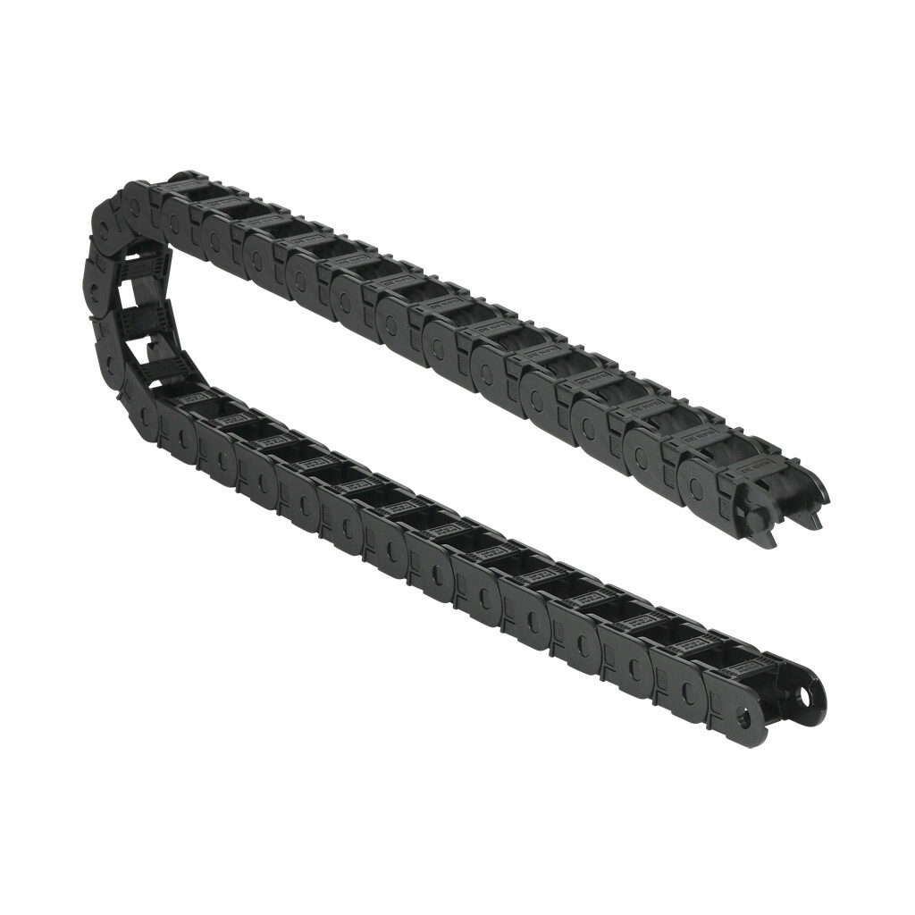 CDC-0.7X0.7R1.9T - Murrplastik MP18 cable drag chain, 0.71in inside height, 0.71in inside width, 1.89in bend radius, outside opening, 1.3in pitch, 3.2ft/1m length, black. Requires CDC-KAZ-0.7X0.7 bracket for mounting.