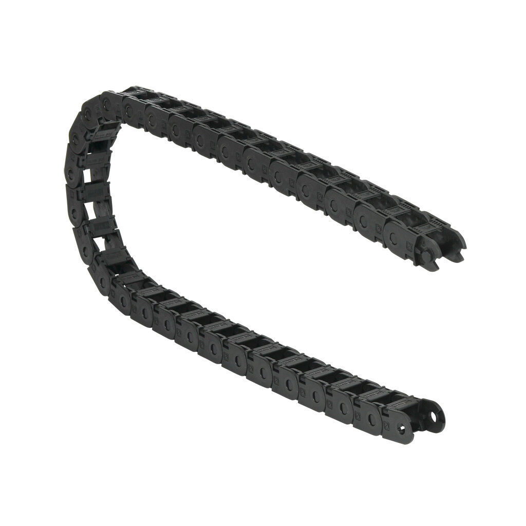 CDC-0.7X0.7R3.1N - Murrplastik MP18 cable drag chain, 0.71in inside height, 0.71in inside width, 3.07in bend radius, inside opening, 1.3in pitch, 3.2ft/1m length, black. Requires CDC-KAZ-0.7X0.7 bracket for mounting.