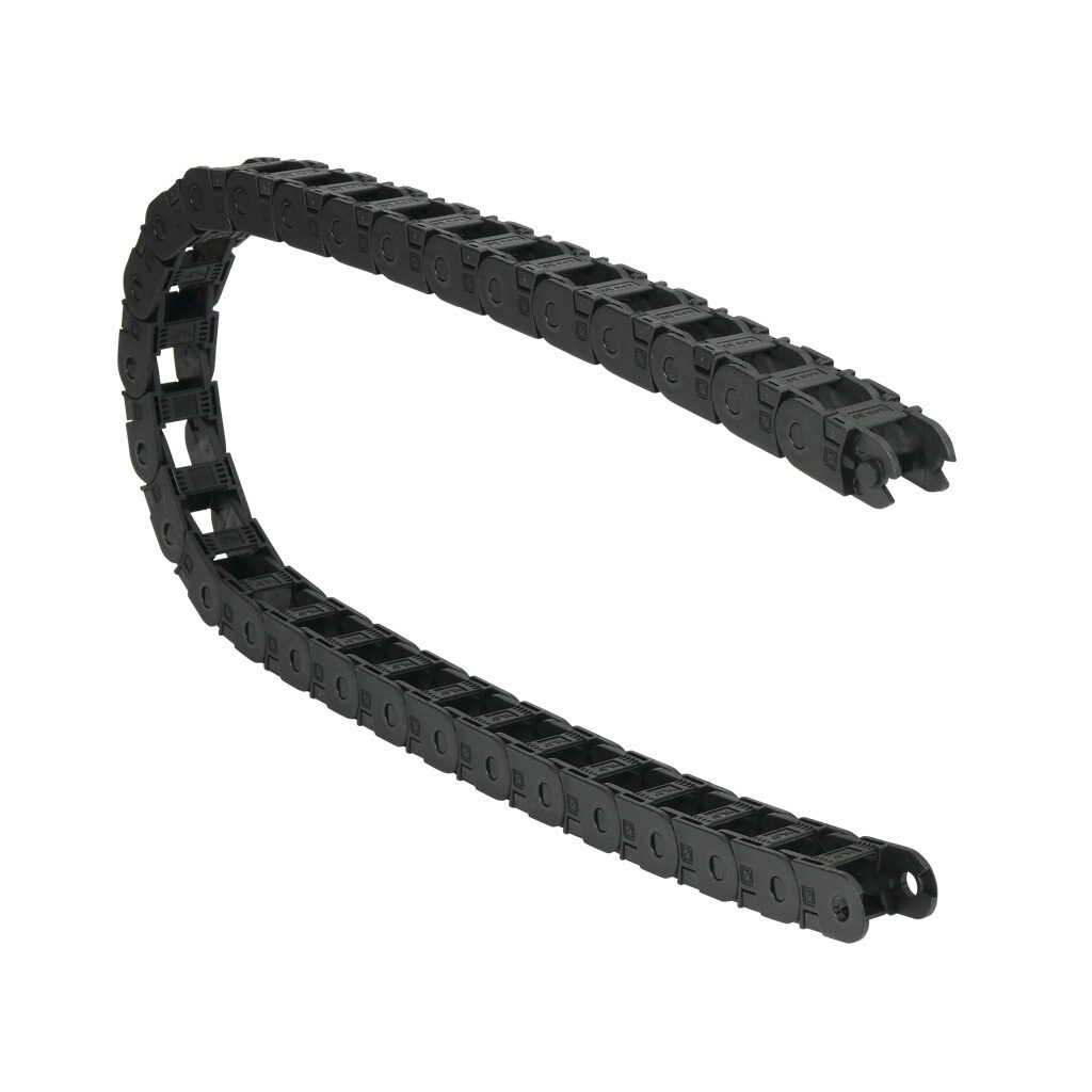 CDC-0.7X0.7R3.1T - Murrplastik MP18 cable drag chain, 0.71in inside height, 0.71in inside width, 3.07in bend radius, outside opening, 1.3in pitch, 3.2ft/1m length, black. Requires CDC-KAZ-0.7X0.7 bracket for mounting.