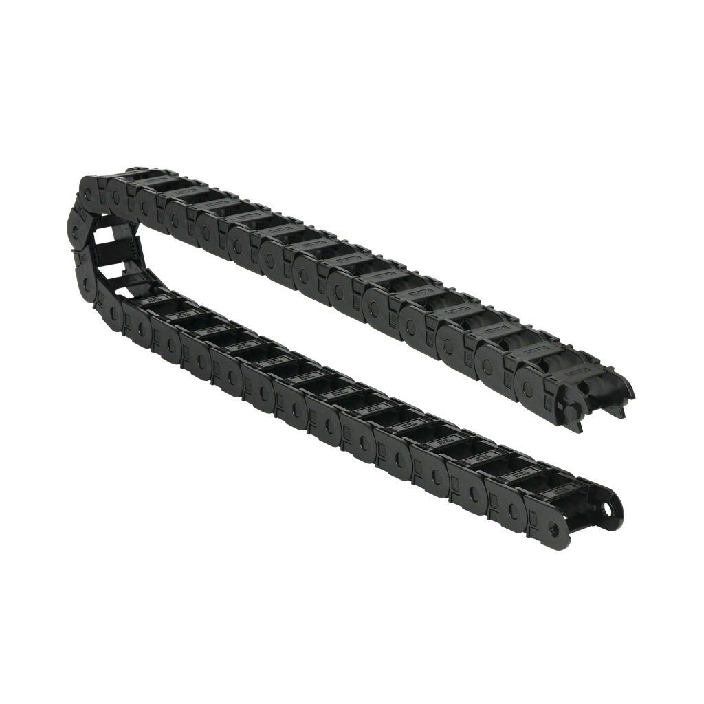 CDC-0.7X1.0R1.5T - Murrplastik MP18 cable drag chain, 0.71in inside height, 0.98in inside width, 1.5in bend radius, outside opening, 1.3in pitch, 3.2ft/1m length, black. Requires CDC-KAZ-0.7X1.0 bracket for mounting.