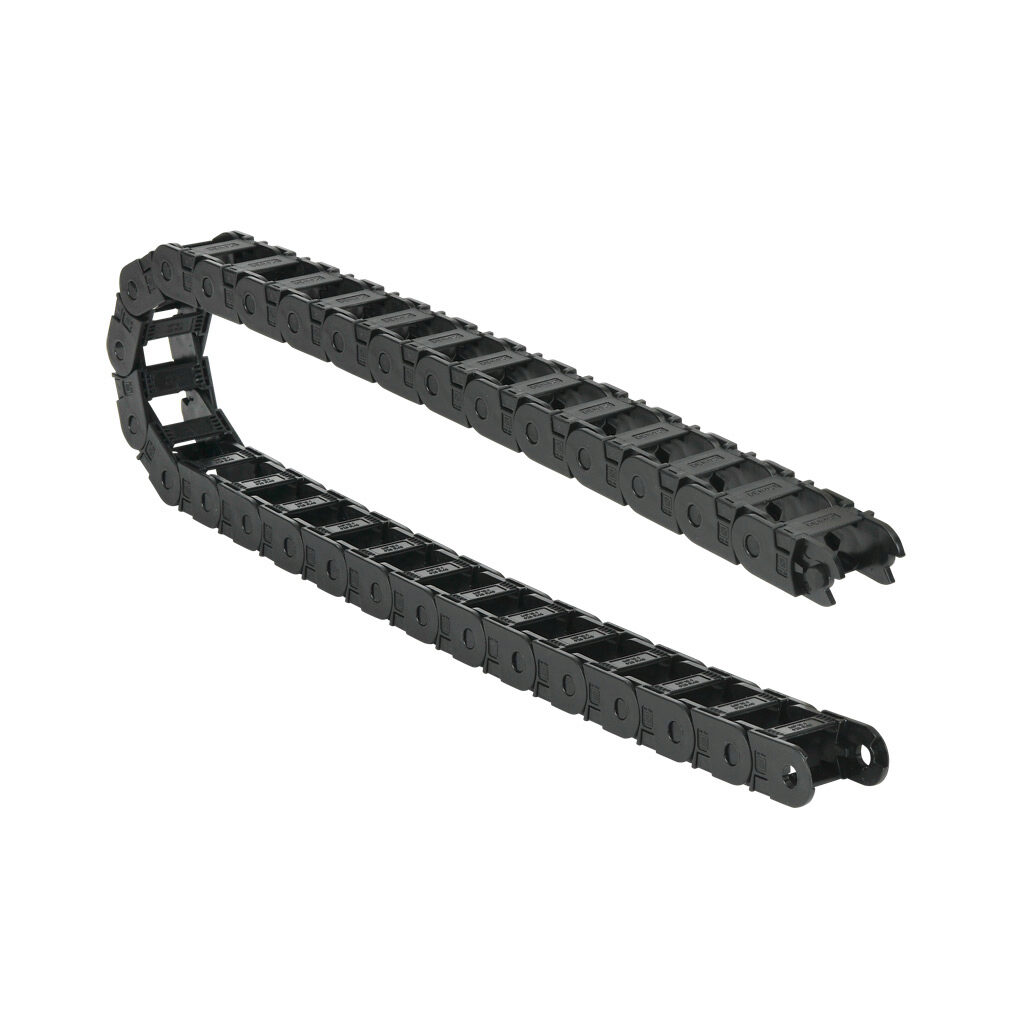 CDC-0.7X1.0R1.9T - Murrplastik MP18 cable drag chain, 0.71in inside height, 0.98in inside width, 1.89in bend radius, outside opening, 1.3in pitch, 3.2ft/1m length, black. Requires CDC-KAZ-0.7X1.0 bracket for mounting.