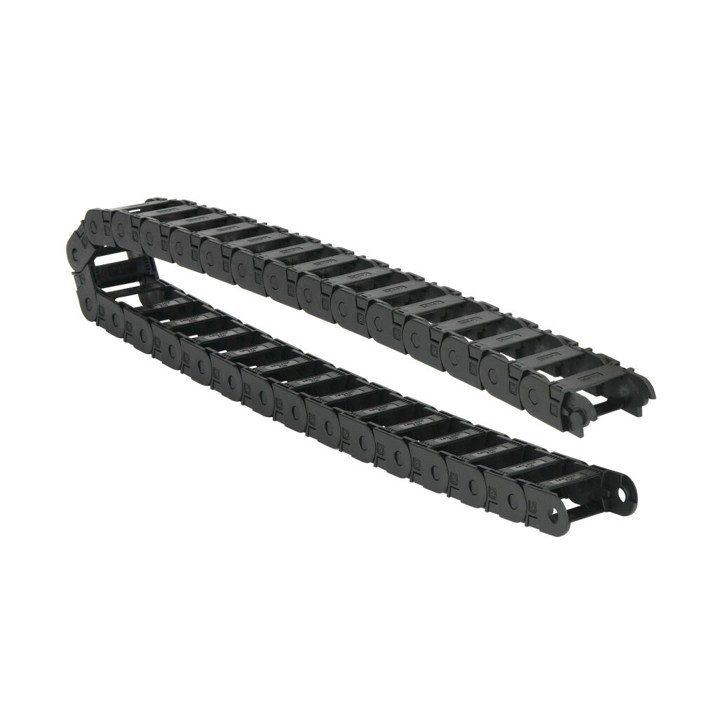 CDC-0.7X1.5R1.1T - Murrplastik MP18 cable drag chain, 0.71in inside height, 1.46in inside width, 1.1in bend radius, outside opening, 1.3in pitch, 3.2ft/1m length, black. Requires CDC-KAZ-0.7X1.5 bracket for mounting.