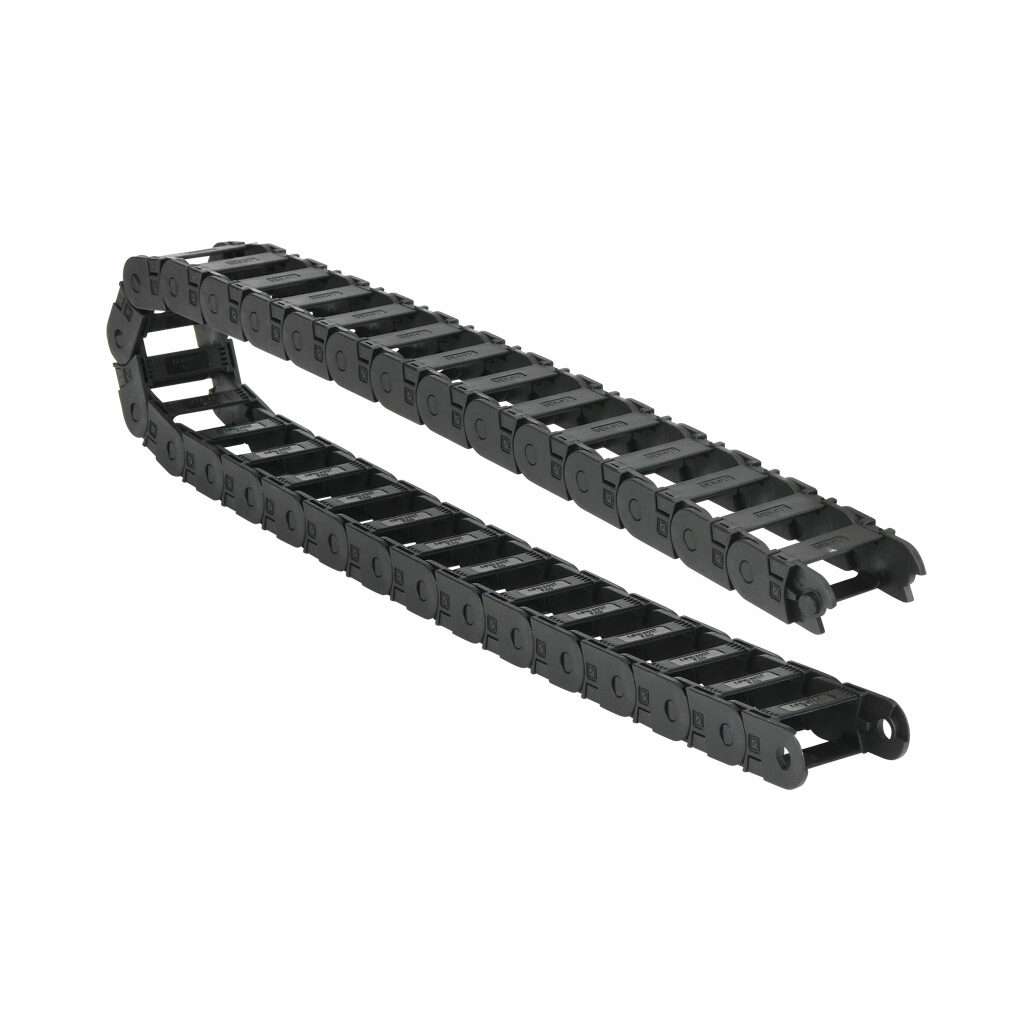 CDC-0.7X1.5R1.5T - Murrplastik MP18 cable drag chain, 0.71in inside height, 1.46in inside width, 1.5in bend radius, outside opening, 1.3in pitch, 3.2ft/1m length, black. Requires CDC-KAZ-0.7X1.5 bracket for mounting.