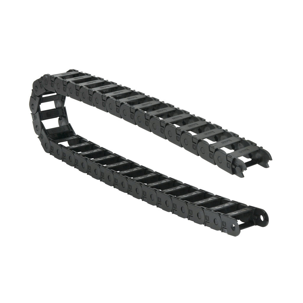 CDC-0.7X1.5R1.9T - Murrplastik MP18 cable drag chain, 0.71in inside height, 1.46in inside width, 1.89in bend radius, outside opening, 1.3in pitch, 3.2ft/1m length, black. Requires CDC-KAZ-0.7X1.5 bracket for mounting.