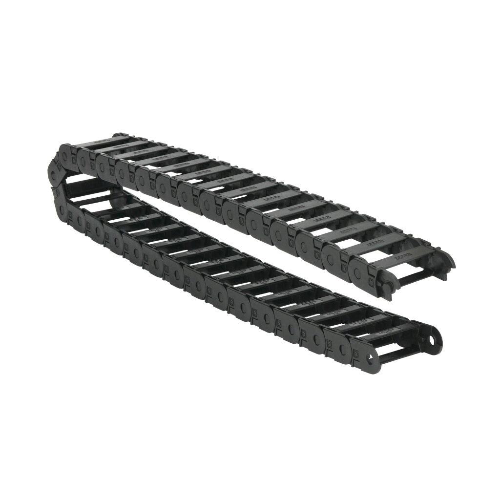 CDC-0.7X2.0R1.1T - Murrplastik MP18 cable drag chain, 0.71in inside height, 1.97in inside width, 1.1in bend radius, outside opening, 1.3in pitch, 3.2ft/1m length, black. Requires CDC-KAZ-0.7X2.0 bracket for mounting.