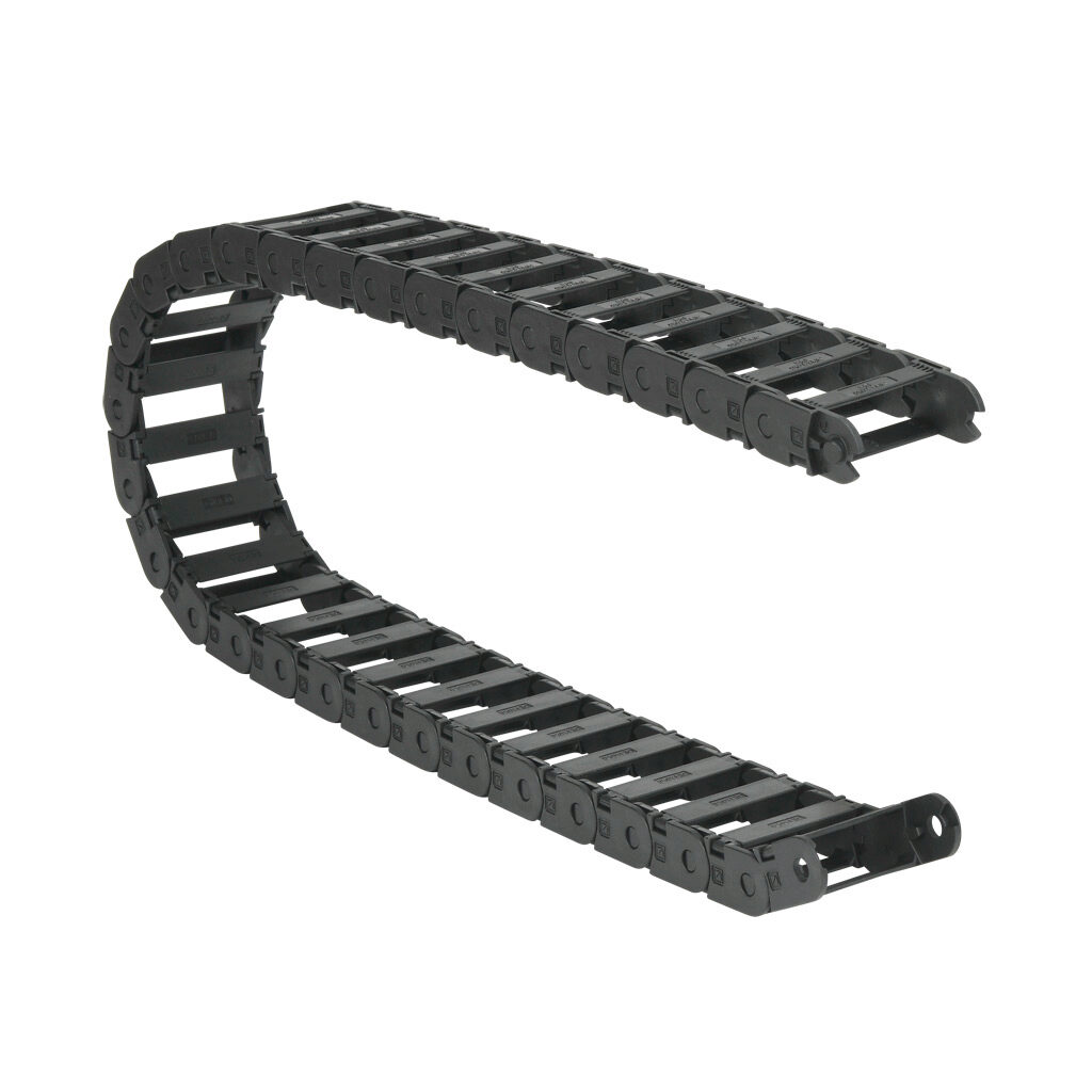 CDC-0.7X2.0R3.1N - Murrplastik MP18 cable drag chain, 0.71in inside height, 1.97in inside width, 3.07in bend radius, inside opening, 1.3in pitch, 3.2ft/1m length, black. Requires CDC-KAZ-0.7X2.0 bracket for mounting.