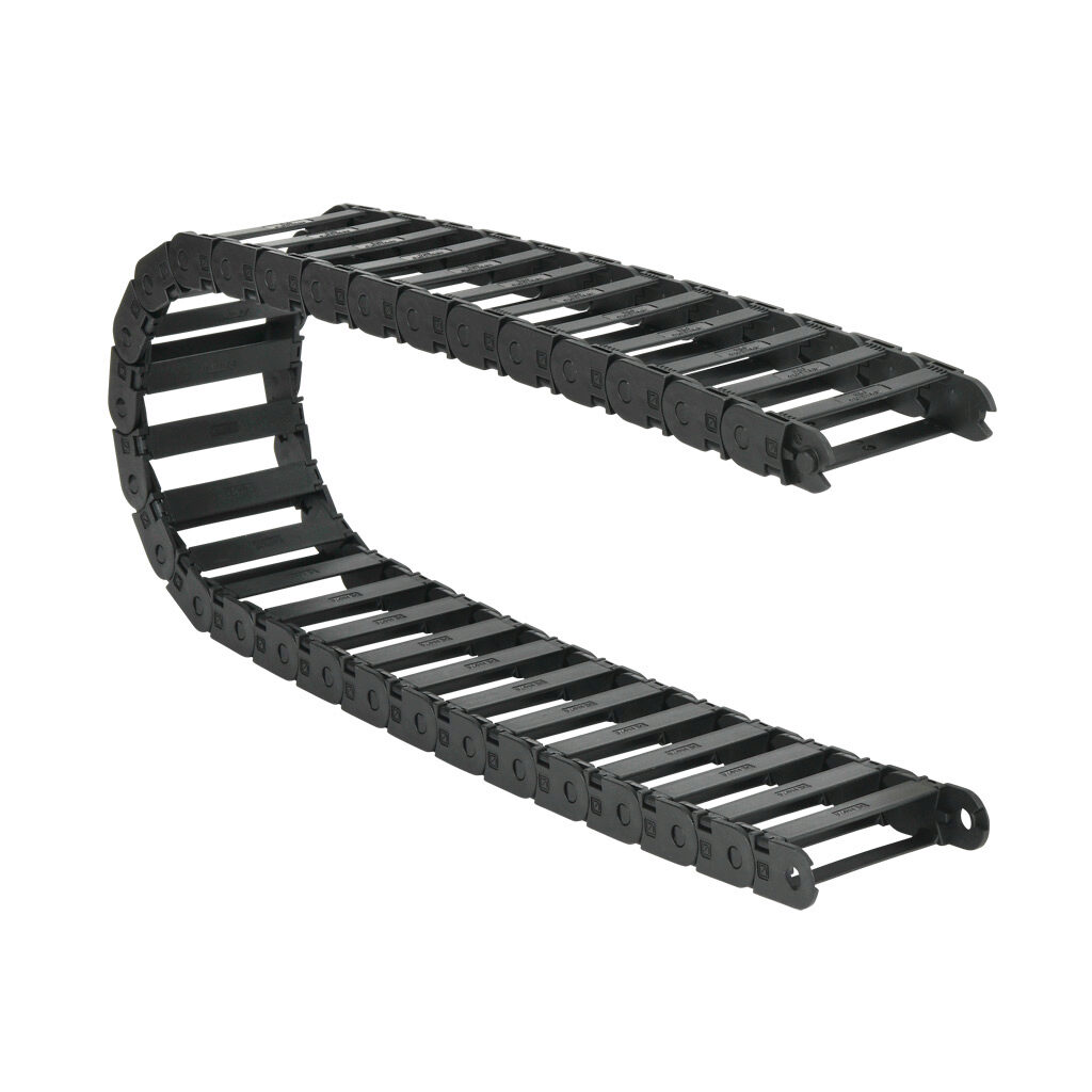 CDC-0.7X2.8R3.1N - Murrplastik MP18 cable drag chain, 0.71in inside height, 2.76in inside width, 3.07in bend radius, inside opening, 1.3in pitch, 3.2ft/1m length, black. Requires CDC-KAZ-0.7X2.8 bracket for mounting.
