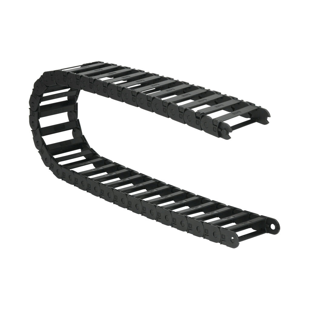 CDC-0.7X2.8R3.1T - Murrplastik MP18 cable drag chain, 0.71in inside height, 2.76in inside width, 3.07in bend radius, outside opening, 1.3in pitch, 3.2ft/1m length, black. Requires CDC-KAZ-0.7X2.8 bracket for mounting.