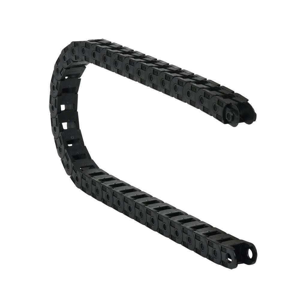 CDC-04X04R19T - Murrplastik MP10 cable drag chain, 0.39in inside height, 0.35in inside width, 1.89in bend radius, outside opening, 0.59in pitch, 1.6ft/0.5m length, black. Requires CDC-KAZ-04X04 bracket for mounting.