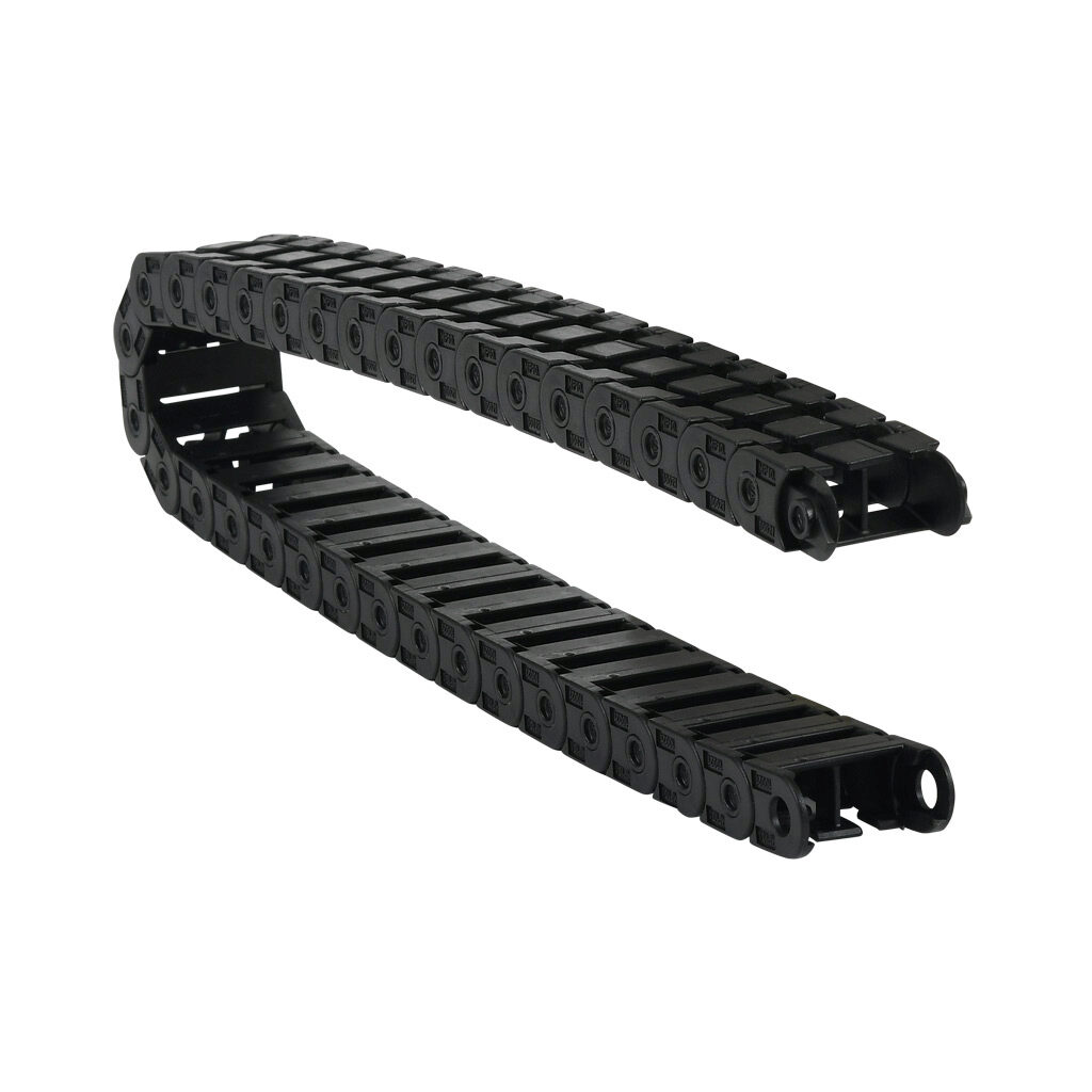 CDC-04X08R07T - Murrplastik MP10 cable drag chain, 0.39in inside height, 0.83in inside width, 0.71in bend radius, outside opening, 0.59in pitch, 1.6ft/0.5m length, black. Requires CDC-KAZ-04X08 bracket for mounting.