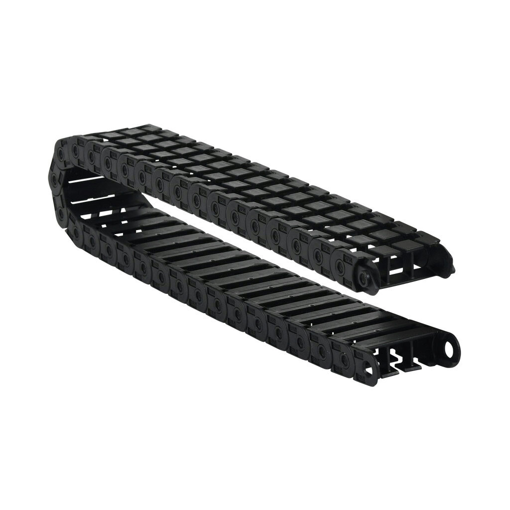 CDC-04X12R07T - Murrplastik MP10 cable drag chain, 0.39in inside height, 1.22in inside width, 0.71in bend radius, outside opening, 0.59in pitch, 1.6ft/0.5m length, black. Requires CDC-KAZ-04X12 bracket for mounting.