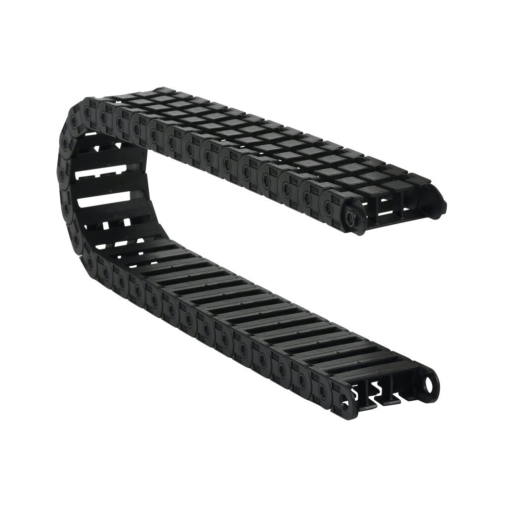 CDC-04X12R15T - Murrplastik MP10 cable drag chain, 0.39in inside height, 1.22in inside width, 1.5in bend radius, outside opening, 0.59in pitch, 1.6ft/0.5m length, black. Requires CDC-KAZ-04X12 bracket for mounting.