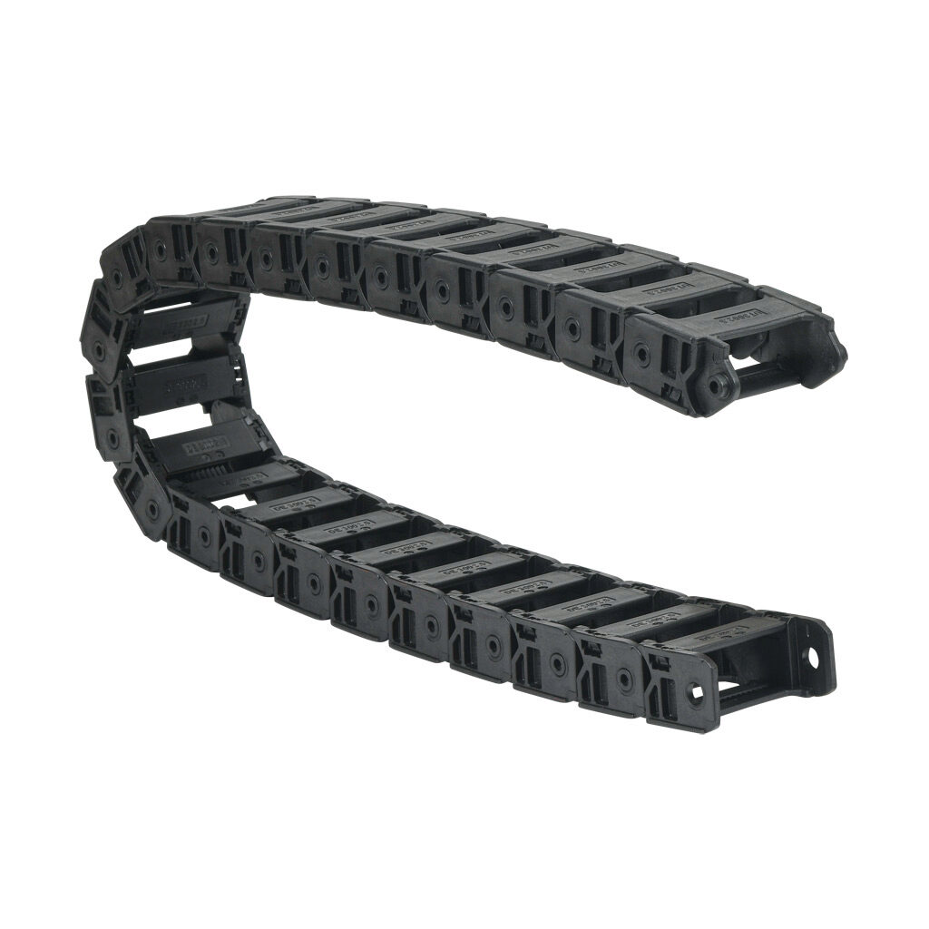 CDC-10X22R28N - Murrplastik MP3000 cable drag chain, 1.02in inside height, 2.2in inside width, 2.8in bend radius, inside opening, 1.77in pitch, 3.2ft/1m length, black. Requires CDC-KAZ-10X22 bracket for mounting.