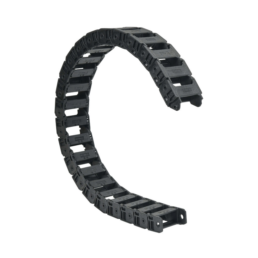 CDC-10X22R79N - Murrplastik MP3000 cable drag chain, 1.02in inside height, 2.2in inside width, 7.9in bend radius, inside opening, 1.77in pitch, 3.2ft/1m length, black. Requires CDC-KAZ-10X22 bracket for mounting.