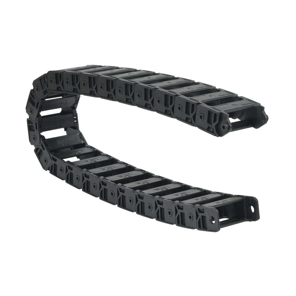 CDC-10X24R28N - Murrplastik MP3000 cable drag chain, 1.02in inside height, 2.44in inside width, 2.8in bend radius, inside opening, 1.77in pitch, 3.2ft/1m length, black. Requires CDC-KAZ-10X24 bracket for mounting.