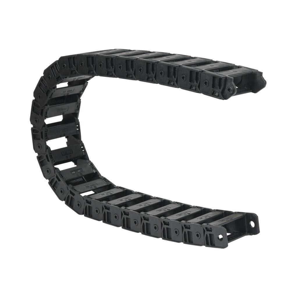 CDC-10X24R47N - Murrplastik MP3000 cable drag chain, 1.02in inside height, 2.44in inside width, 4.7in bend radius, inside opening, 1.77in pitch, 3.2ft/1m length, black. Requires CDC-KAZ-10X24 bracket for mounting.