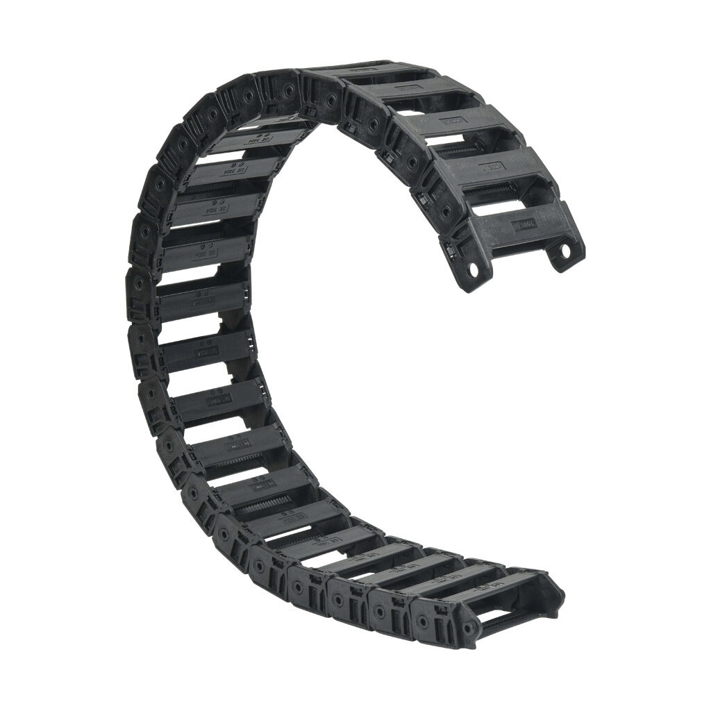 CDC-10X34R79N - Murrplastik MP3000 cable drag chain, 1.02in inside height, 3.43in inside width, 7.9in bend radius, inside opening, 1.77in pitch, 3.2ft/1m length, black. Requires CDC-KAZ-10X34 bracket for mounting.