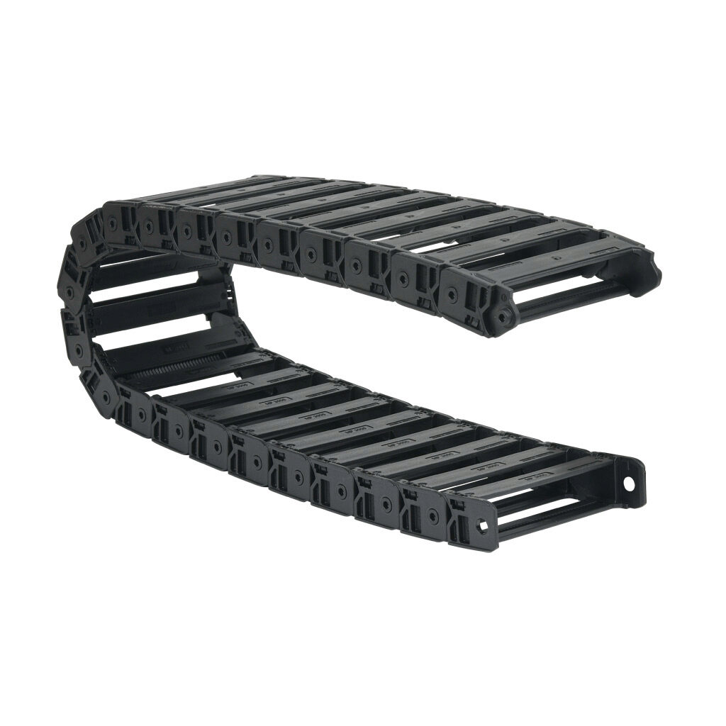 CDC-10X49R28N - Murrplastik MP3000 cable drag chain, 1.02in inside height, 4.92in inside width, 2.8in bend radius, inside opening, 1.77in pitch, 3.2ft/1m length, black. Requires CDC-KAZ-10X49 bracket for mounting.