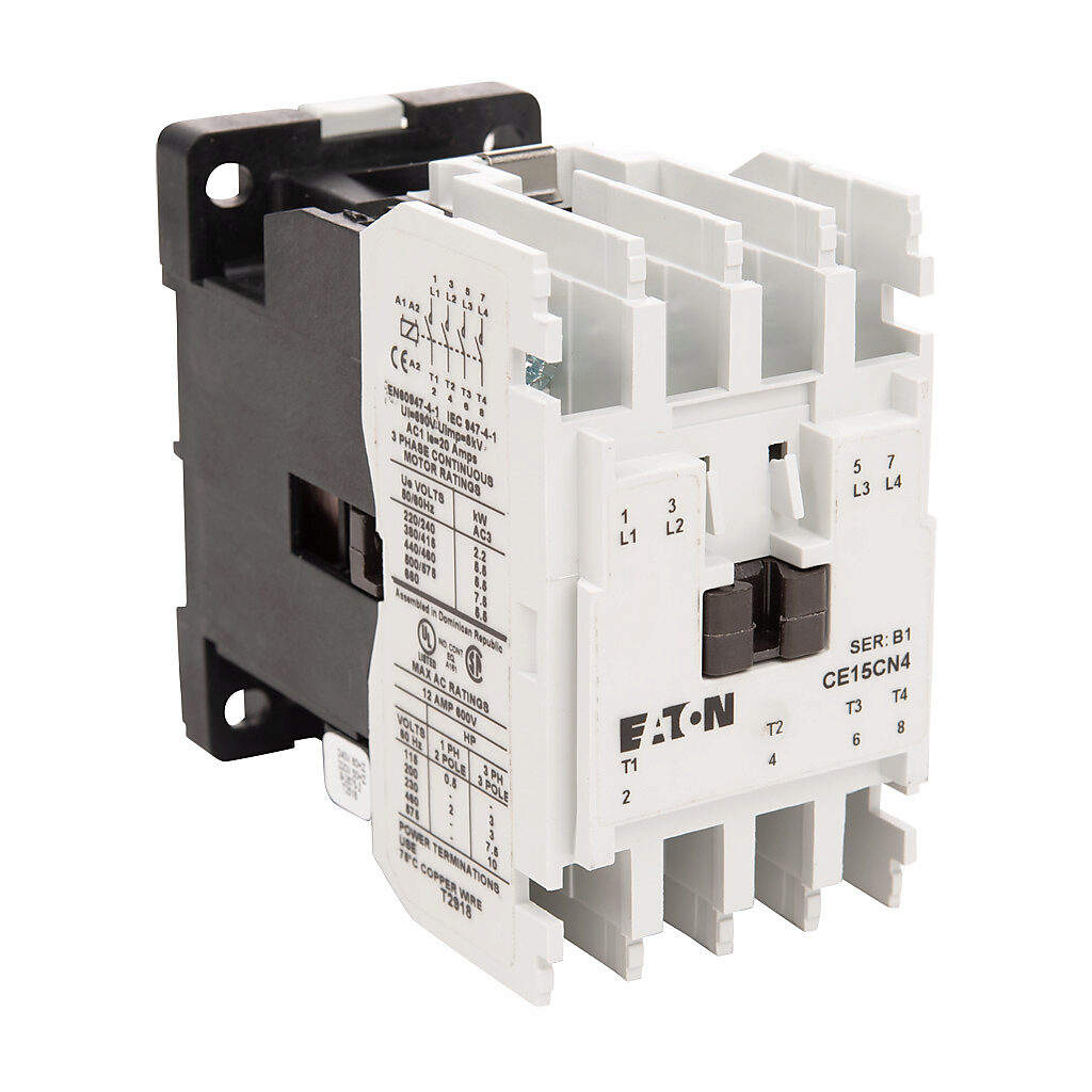 CE15CN4BB - Eaton Freedom series IEC contactor, 12A, (4) N.O. power poles, 240 VAC (60Hz)/220 VAC (50Hz) coil voltage.