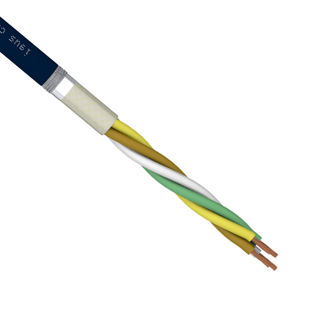 CF11-02-02-02-1 - igus continuous flexing control and signal cable, shielded, 2 twisted pairs, 24 AWG (0.25mm2), bare copper, TPE conductor insulation material, pair 1: white and brown and pair 2: green and yellow, TPE jacket, blue, cut to length.