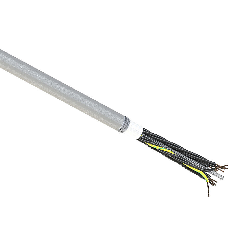 CF140US-07-12-1 - igus continuous flexing control cable, shielded, 12 conductors (includes ground), 18 AWG (0.75mm2), bare copper, PVC/Nylon conductor insulation material, black with white numbers and green/yellow ground, PVC jacket, gray, cut to ...