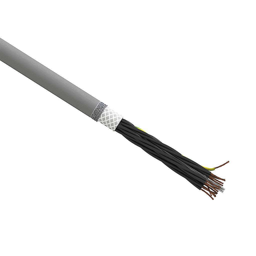 CF140US-07-18-1 - igus continuous flexing control cable, shielded, 18 conductors (includes ground), 18 AWG (0.75mm2), bare copper, PVC/Nylon conductor insulation material, black with white numbers and green/yellow ground, PVC jacket, gray, cut to ...