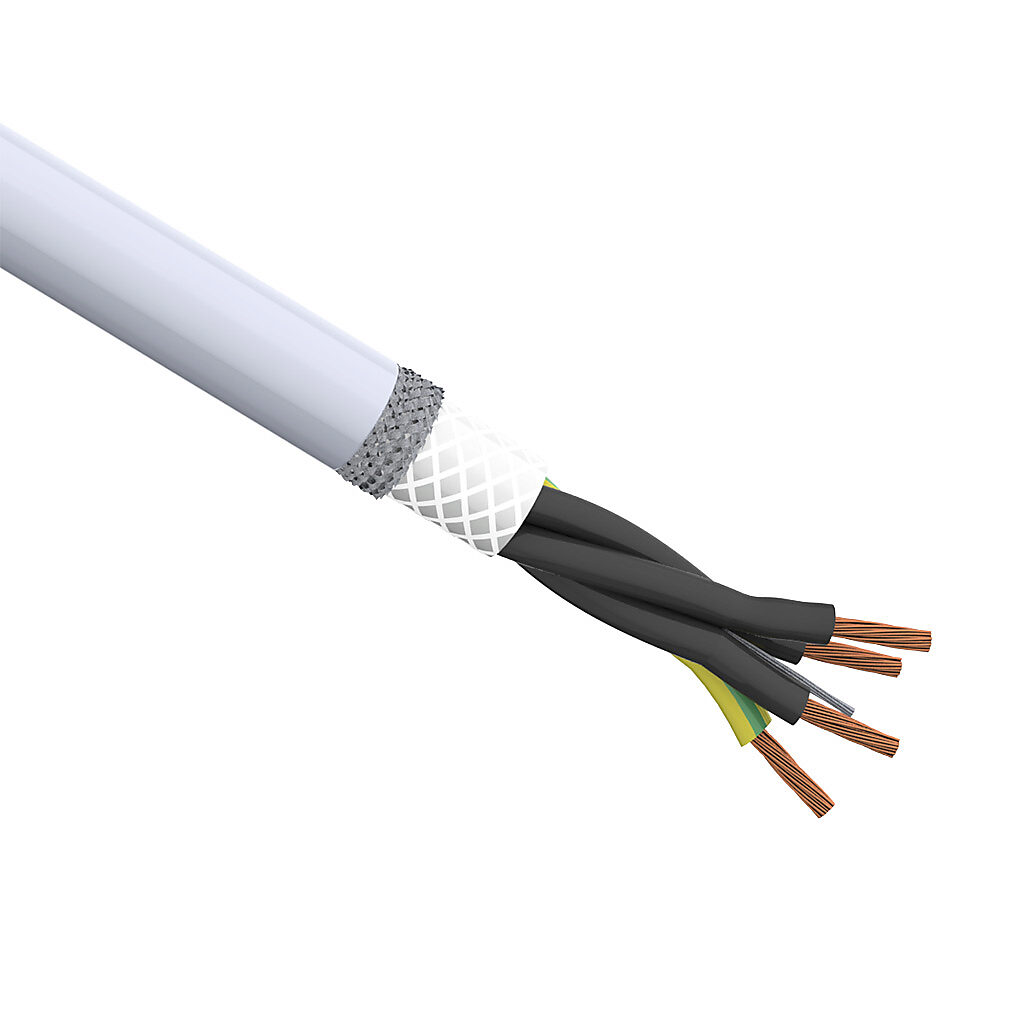 CF140US-25-04-1 - igus continuous flexing control cable, shielded, 4 conductors (includes ground), 14 AWG (2.50mm2), bare copper, PVC/Nylon conductor insulation material, black with white numbers and green/yellow ground, PVC jacket, gray, cut to l...