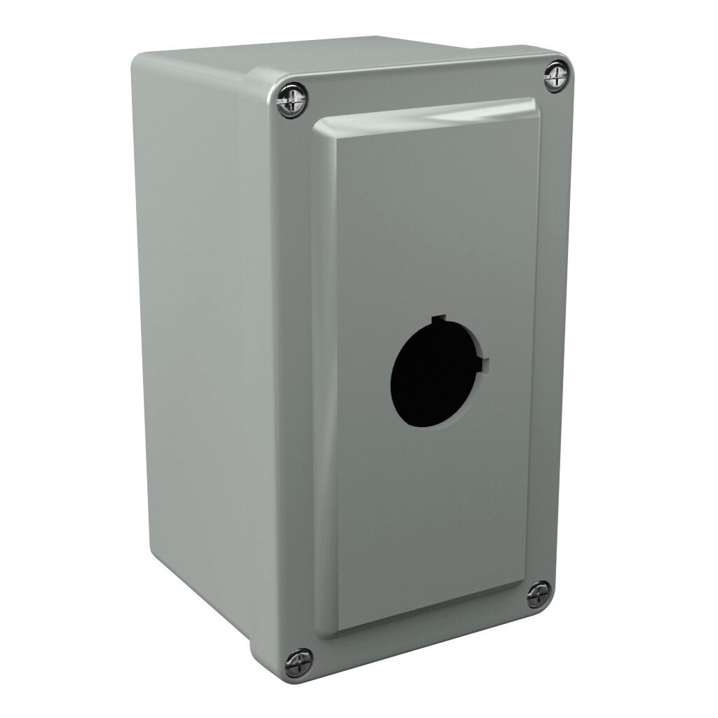 CF1PB - Stahlin CF series pushbutton enclosure, 1 hole, 30mm, NEMA 1/3R/4X/6P/12, 6 x 4 x 4in (HxWxD), wall mount, fiberglass reinforced polyester, gray, screw cover.