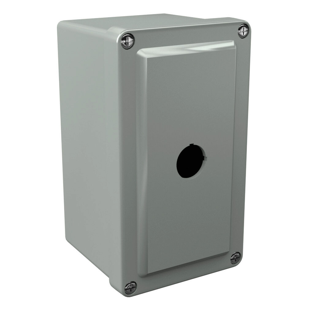 CF1PB22 - Stahlin CF series pushbutton enclosure, 1 hole, 22mm, NEMA 1/3R/4X/6P/12, 6 x 4 x 4in (HxWxD), wall mount, fiberglass reinforced polyester, gray, screw cover.