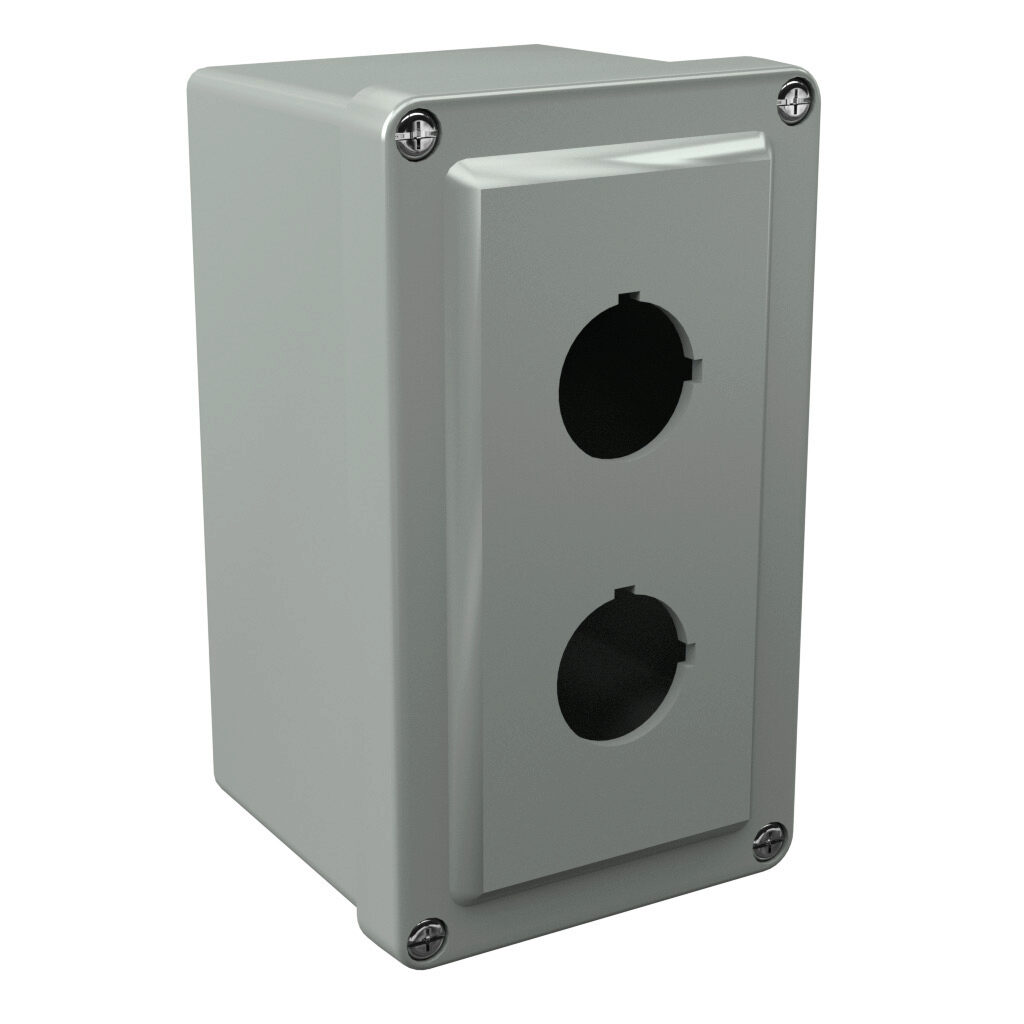 CF2PB - Stahlin CF series pushbutton enclosure, 2 holes, 30mm, NEMA 1/3R/4X/6P/12, 6 x 4 x 4in (HxWxD), wall mount, fiberglass reinforced polyester, gray, screw cover.