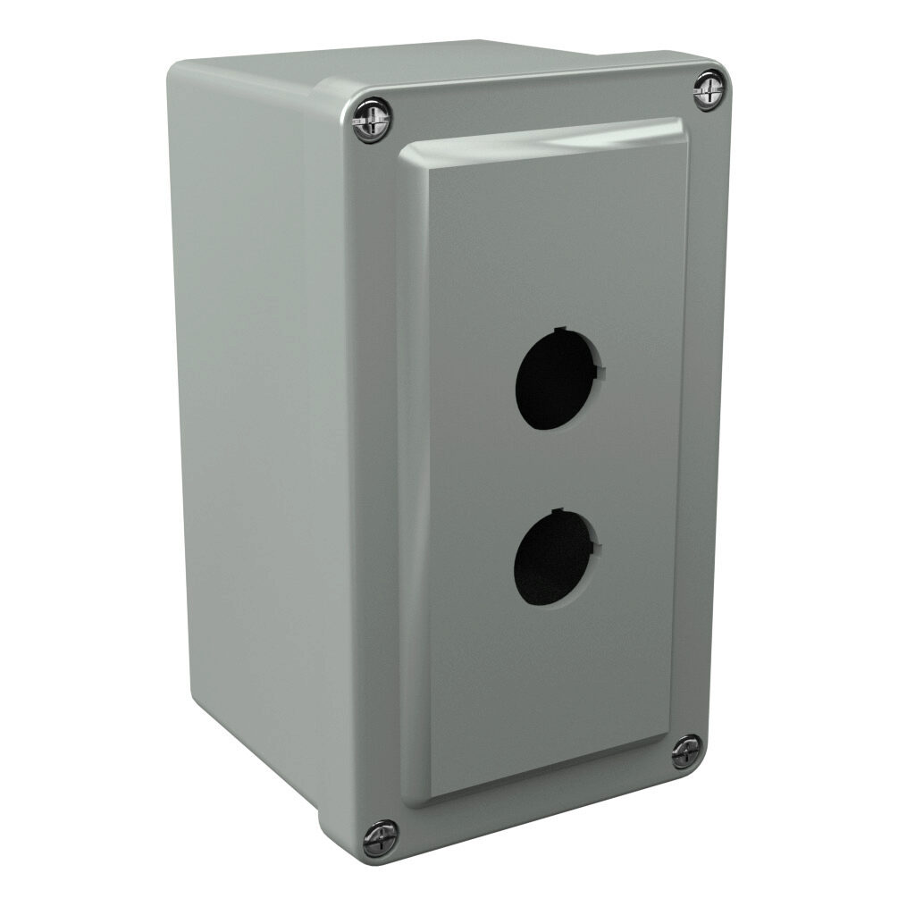 CF2PB22 - Stahlin CF series pushbutton enclosure, 2 holes, 22mm, NEMA 1/3R/4X/6P/12, 6 x 4 x 4in (HxWxD), wall mount, fiberglass reinforced polyester, gray, screw cover.