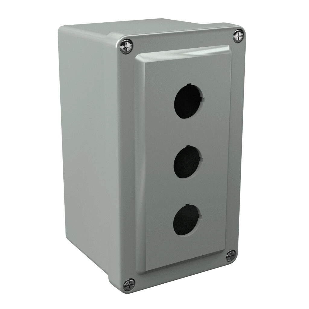 CF3PB22 - Stahlin CF series pushbutton enclosure, 3 holes, 22mm, NEMA 1/3R/4X/6P/12, 6 x 4 x 4in (HxWxD), wall mount, fiberglass reinforced polyester, gray, screw cover.