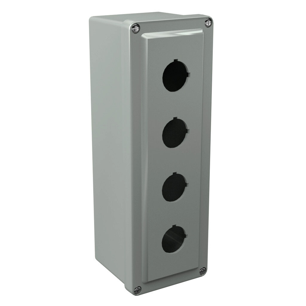 CF4PB - Stahlin CF series pushbutton enclosure, 4 holes, 30mm, NEMA 1/3R/4X/6P/12, 11 x 4 x 4in (HxWxD), wall mount, fiberglass reinforced polyester, gray, screw cover.