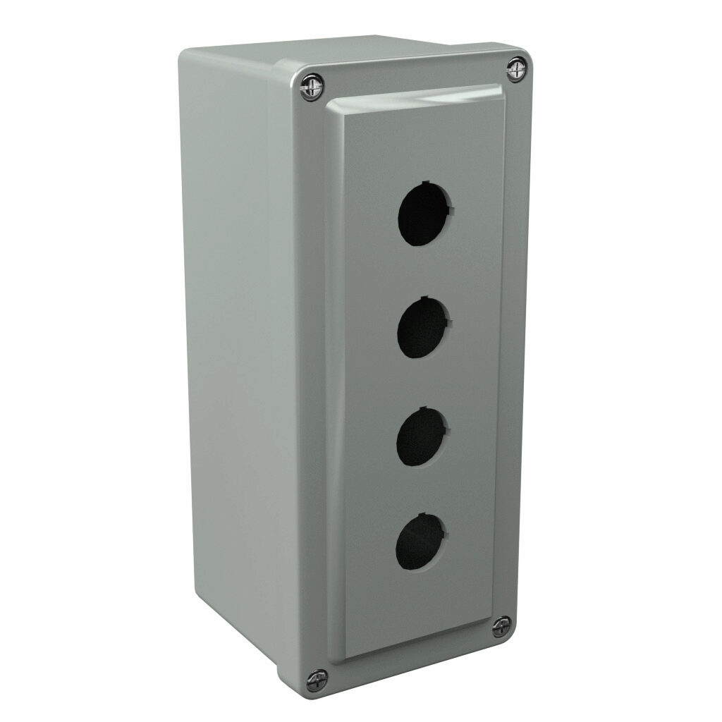 CF4PB22 - Stahlin CF series pushbutton enclosure, 4 holes, 22mm, NEMA 1/3R/4X/6P/12, 8 x 4 x 4in (HxWxD), wall mount, fiberglass reinforced polyester, gray, screw cover.