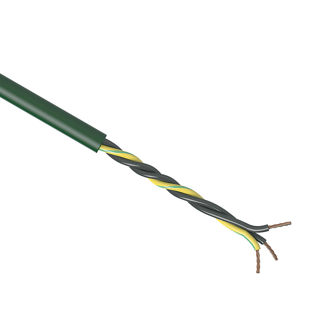 CF5-05-03-1 - igus continuous flexing control cable, unshielded, 3 conductors (includes ground), 20 AWG (0.50mm2), bare copper, TPE conductor insulation material, black with white numbers and green/yellow ground, PVC jacket, green, cut to length.