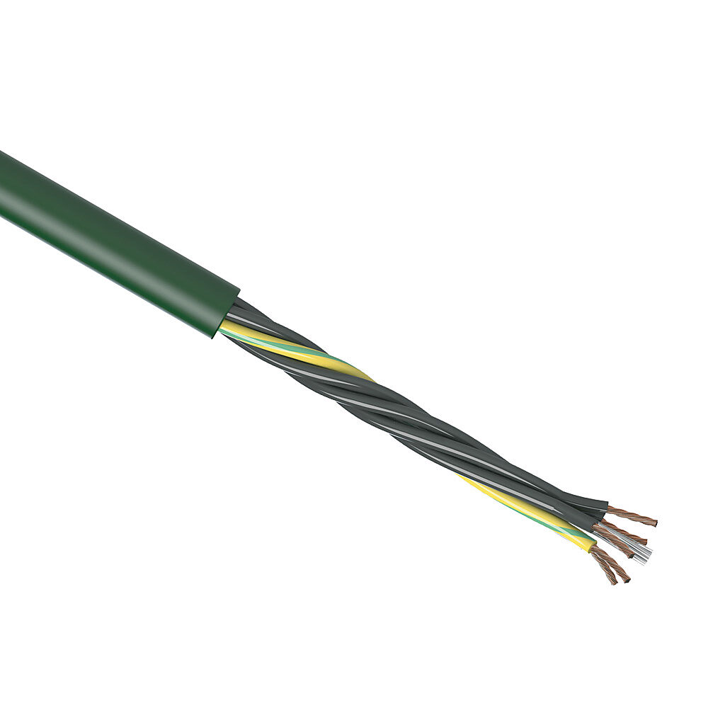 CF5-05-05-1 - igus continuous flexing control cable, unshielded, 5 conductors (includes ground), 20 AWG (0.50mm2), bare copper, TPE conductor insulation material, black with white numbers and green/yellow ground, PVC jacket, green, cut to length.